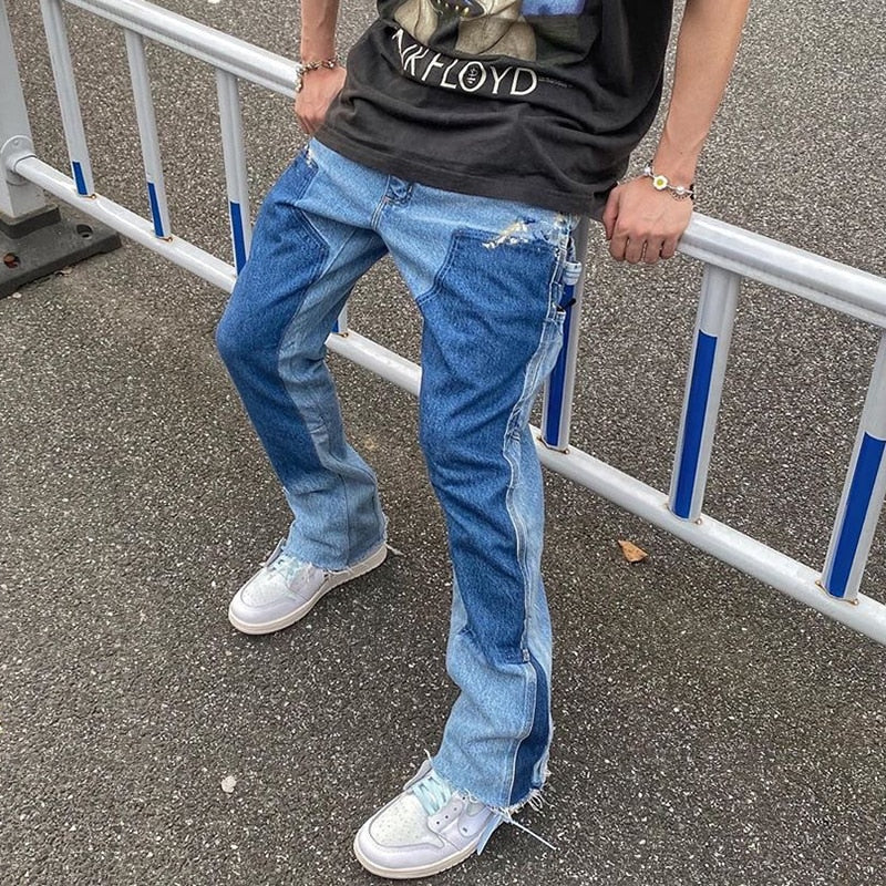 High Street Color Block Spliced Washed Jeans Mens Oversize Wide Leg Straight Denim Flare Pants Retro Loose Casual Trousers | TageUnlimited