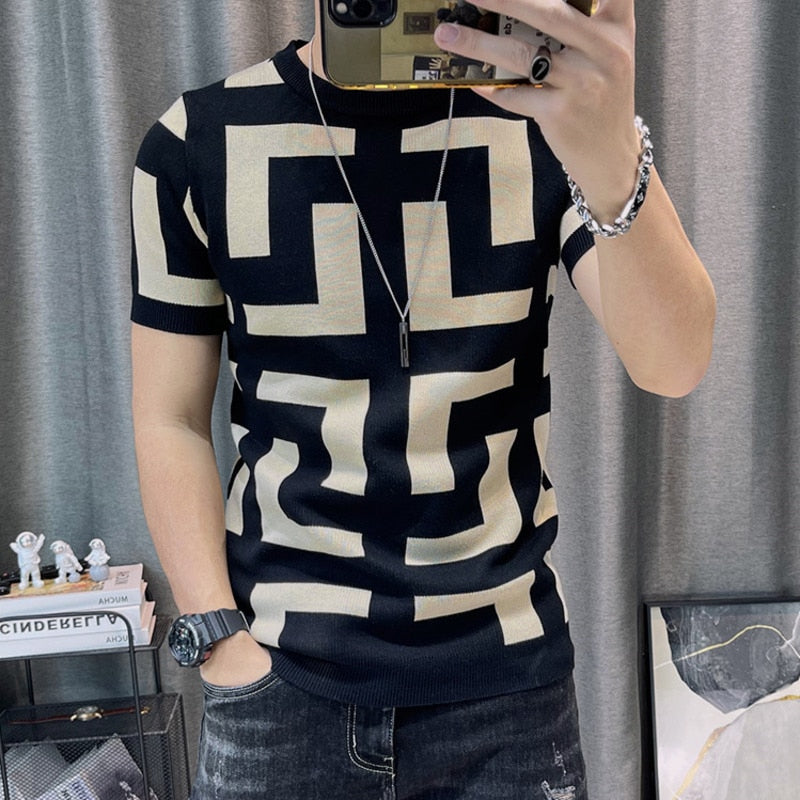 3 Color Short Sleeve Knitting T-Shirt Men Slim Streetwear Color Contrast T Shirt Men Tee Shirt Homme Social Club Outfits Tshirt. | TageUnlimited