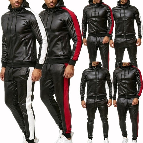 Mens Pu Leather Hoodies Set Casual Sweatsuit Hooded Jacket And Pants Jogging Suit Tracksuits | TageUnlimited