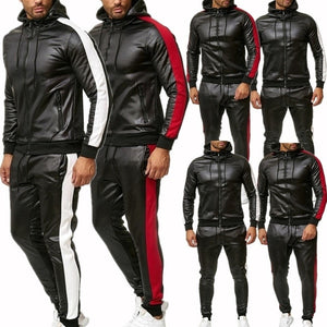 Mens Pu Leather Hoodies Set Casual Sweatsuit Hooded Jacket And Pants Jogging Suit Tracksuits | TageUnlimited