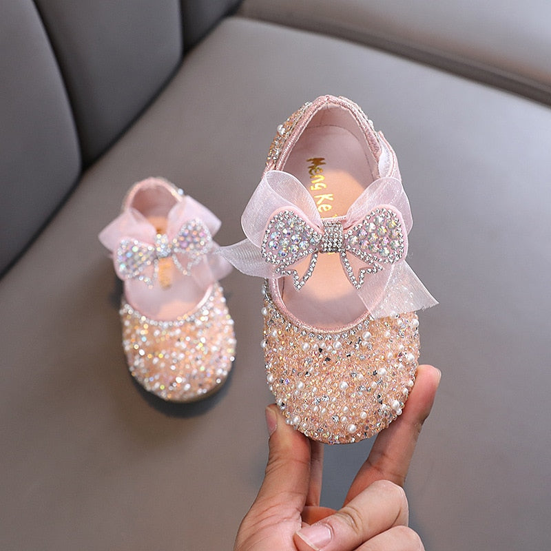 New Children Sequined Leather Shoes Girls Princess Rhinestone Bowknot Single Shoes Fashion Baby Kids Wedding Shoes | TageUnlimited