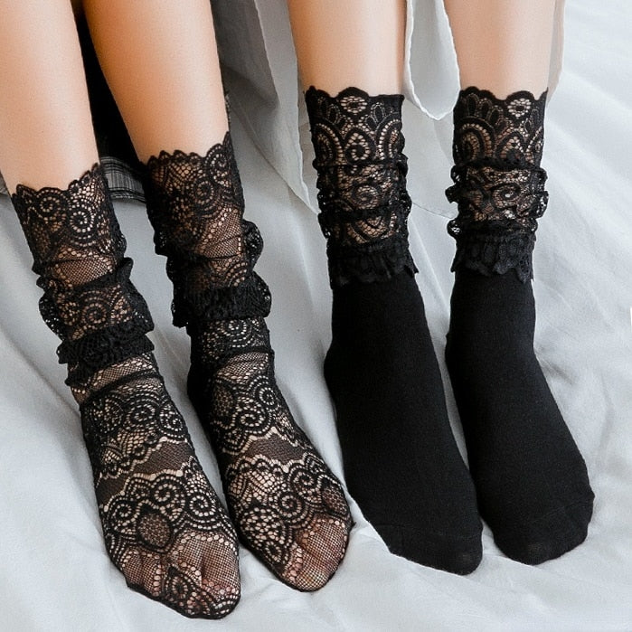 Women Black Lace Stockings Hollow Transparent Lace Stockings Pure Cotton Japanese Fleece Socks  Quilt Color Princess Socks | TageUnlimited