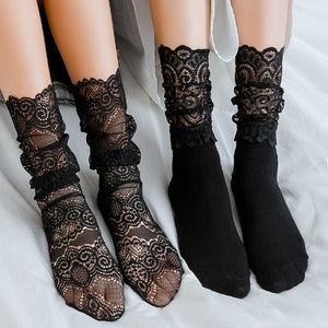 Women Black Lace Stockings Hollow Transparent Lace Stockings Pure Cotton Japanese Fleece Socks  Quilt Color Princess Socks | TageUnlimited