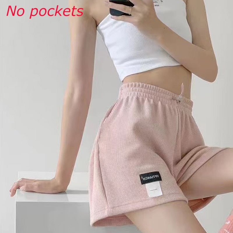 Waffle Women Shorts Hot Pants Sports Shorts Homewear Bottoms Solid Color Elastic Pockets Casual High Waisted Women Loose Short | TageUnlimited