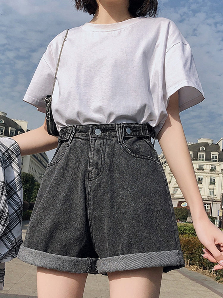 Women High Waist Button Wigh Leg Jeans Shorts Casual Female Loose Fit Blue Denim Shorts | TageUnlimited
