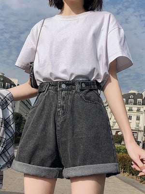 Women High Waist Button Wigh Leg Jeans Shorts Casual Female Loose Fit Blue Denim Shorts | TageUnlimited