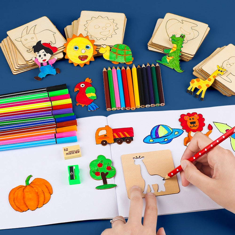 20pcs Montessori Kids Drawing Toys Wooden DIY Painting Stencils Template Craft Toys Puzzle Educational Toys for Children Gifts | TageUnlimited