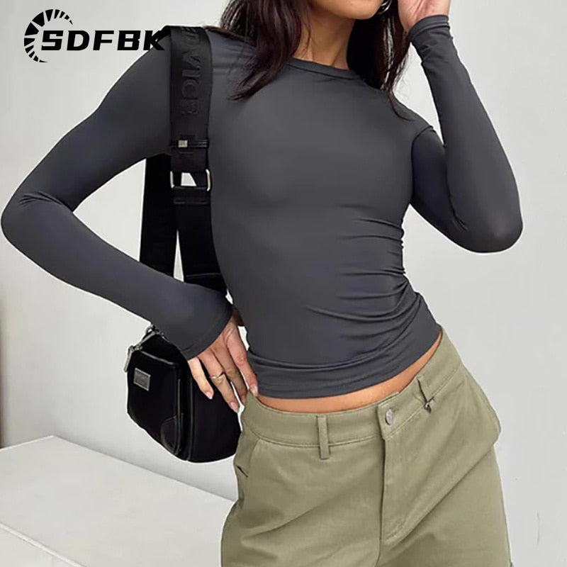 Long Sleeve Y2K Slim Fit Shirt Women Casual Streetwear Basic Tee Fashion Cropped Tops O Neck Sexy Skinny Solid Ladies T Shirts | TageUnlimited