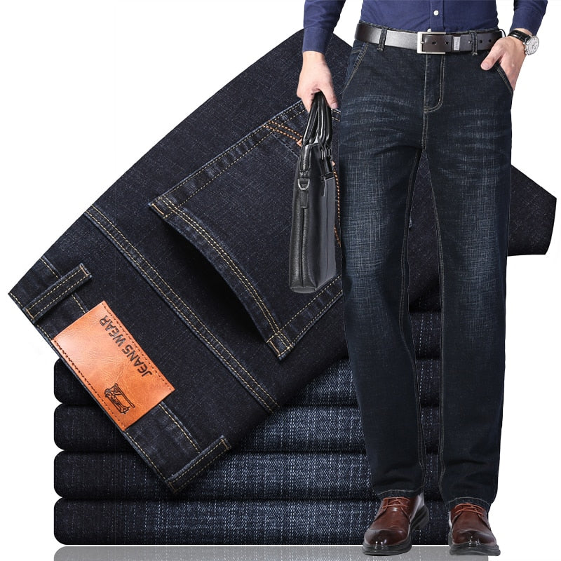 Men Fashion  Business Casual Stretch Slim Jeans Classic Trousers Denim Pants Male Black Blue | TageUnlimited