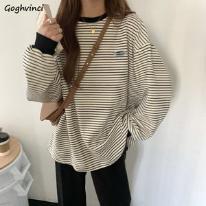 Popular Women T-shirts Striped Retro Comfort Slouchy Long Sleeve Tees Students Boyfriend Couple Trendy Females Tops Ulzzang Hot | TageUnlimited