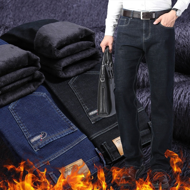 Winter Thermal Warm Flannel Stretch Jeans Mens Quality Famous Brand Fleece Pants Men Straight Flocking Trousers Jean Male | TageUnlimited