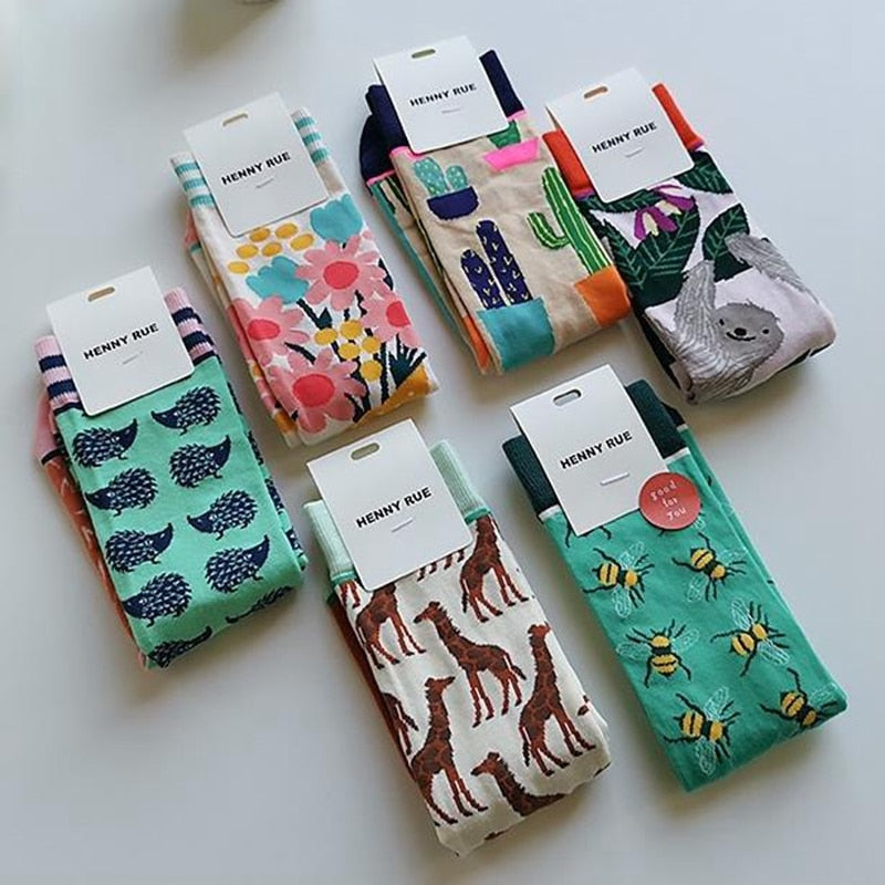 Fashion Colorful Autumn Winter Stocking  Women Socks  Plant Hedgehog Slothsi Cotton Socks Personality Straight Trendy Socks | TageUnlimited