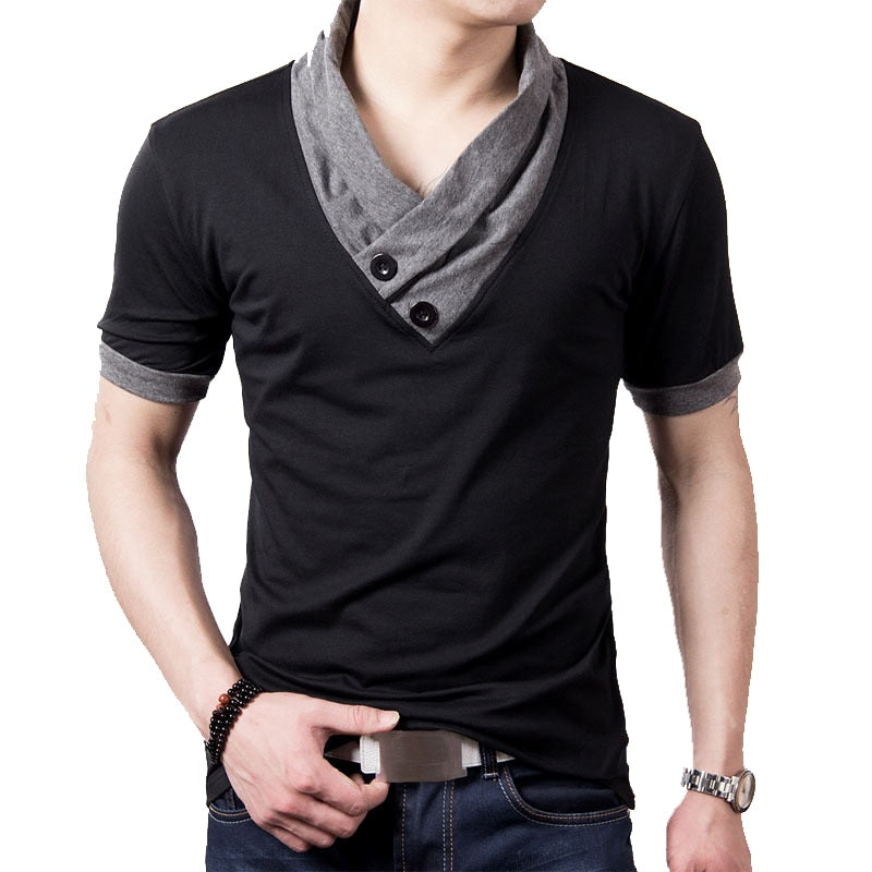 New Plus Size Summer Mens T-Shirts Fashion Slim Short Sleeve Patchwork V Neck Cotton Black T Shirt Men Button Tops &amp; Tees | TageUnlimited
