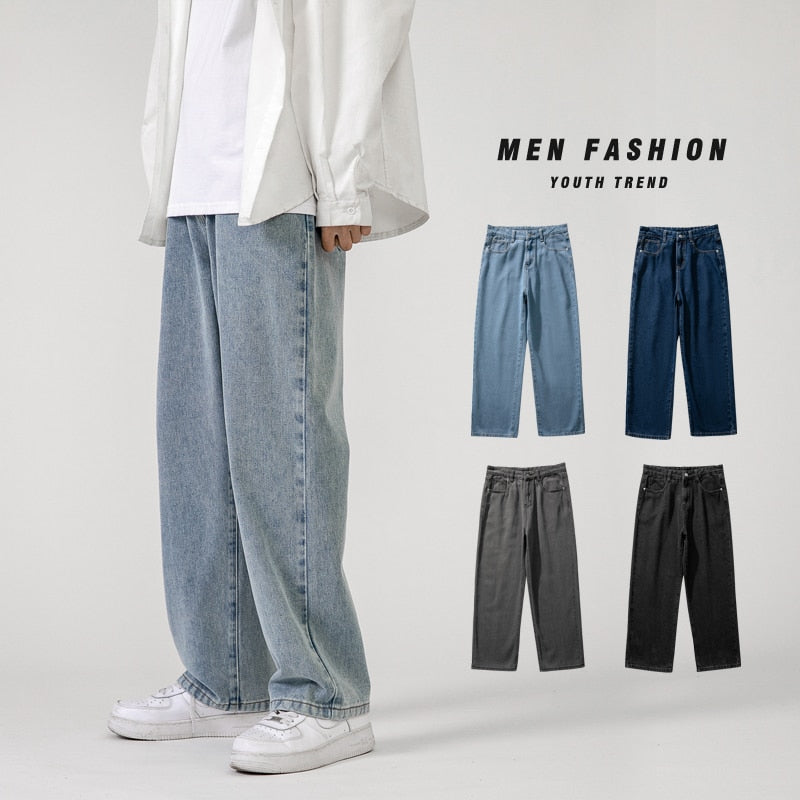 Korean Fashion Men Baggy Jeans Classic All-match Solid Color Straight-leg Denim Wide-leg Pants Male Light Blue Grey Black | TageUnlimited