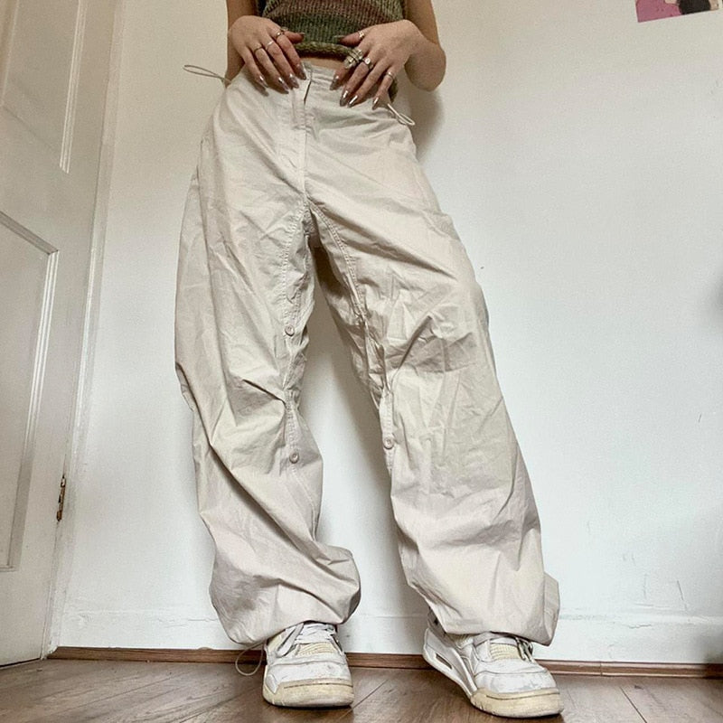Women Casual Joggers Tech Pants Vintage Solid Low Waist Drawstring Baggy Trousers Y2K Wide Leg Sweatpants Streetwear Cargo Pants | 0 | TageUnlimited