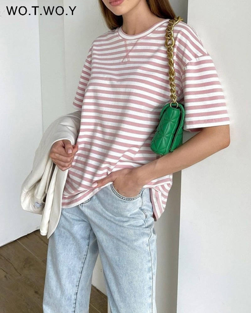 Summer Short Sleeve Striped T-Shirts Women Knitted Basic Casual Tops Female Cozy Loose Cotton Tees Harajuku Shirt | TageUnlimited