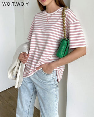 Summer Short Sleeve Striped T-Shirts Women Knitted Basic Casual Tops Female Cozy Loose Cotton Tees Harajuku Shirt | TageUnlimited