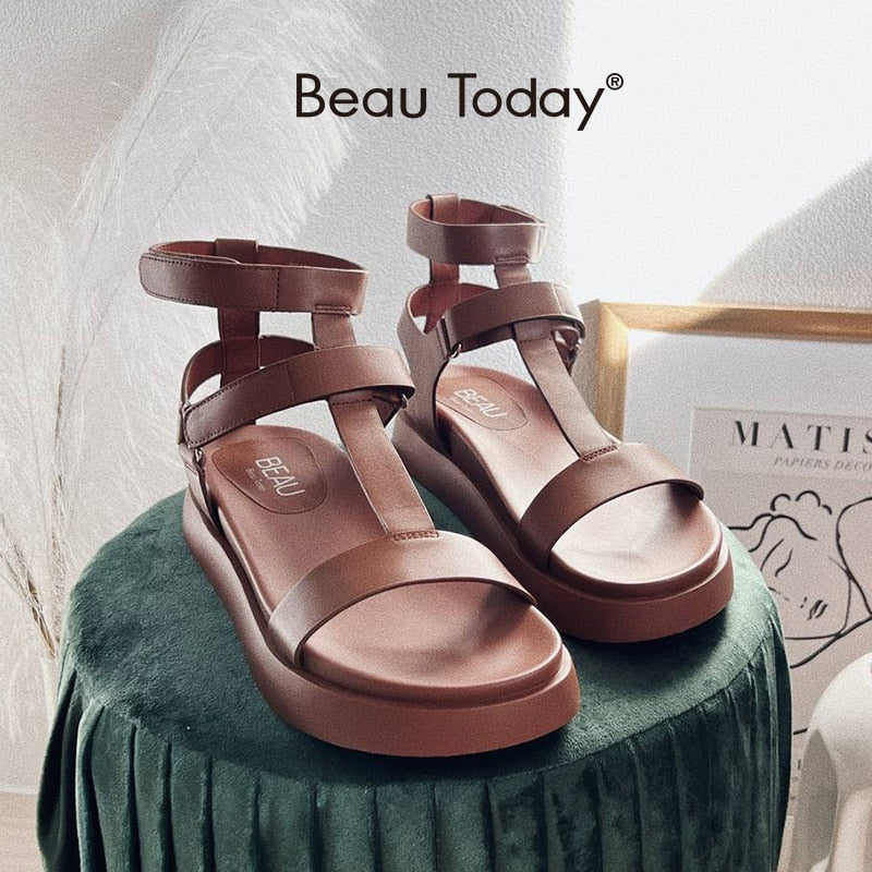 Summer Gladiator Sandals Women Calfskin Leather Open Toe T-bar Strap Hook &amp; Loop  Summer Ladies Shoes Handmade | TageUnlimited