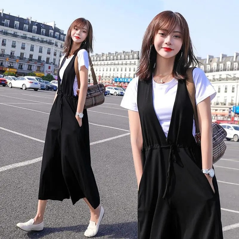 Jumsuits for Women New Stylish Overalls Korean Black Wide Leg Calf Legnth Pants Jump Suits Slim Fashion Outfits | TageUnlimited