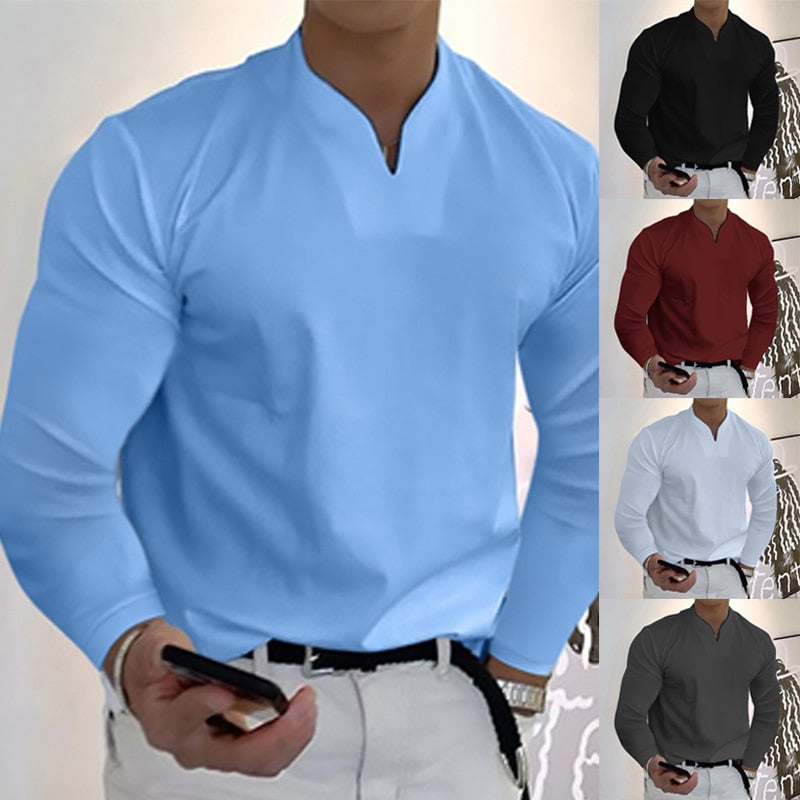 Men's Long Sleeve V-neck Solid Color T-shirt Elastic and Comfortable Loose Sports Shirt Polo Shirt Everyday Casual Wear S-2XL | TageUnlimited