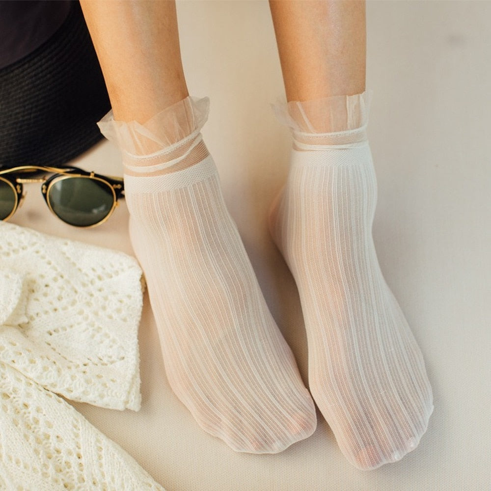 Velvet Woman Socks Ultra-thin Transparent Lace Frilly Ruffle Socks Women Fashion Summer Japane Style Harajuku Retro Long Socks | TageUnlimited