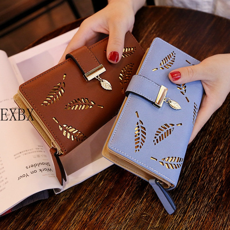 EXBX Women Wallet Hollow Golden Leaf Buckle Wallet PU Leather Purse Female Long Wallet for Women Coin Purse Card Holders Clutch | TageUnlimited