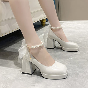 Ladies High Heels Elegant Bow Square Toe Black Fashion Women's Pumps Thick Heel Wedding Party Pearl Lace Wedding Shoes for Women | TageUnlimited