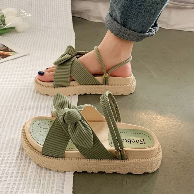 Fairy Style Lady Summer Slippers Thick Platform Flat Sandals with Butterfly-Knot Summer Flip Flops Sandals Women | TageUnlimited