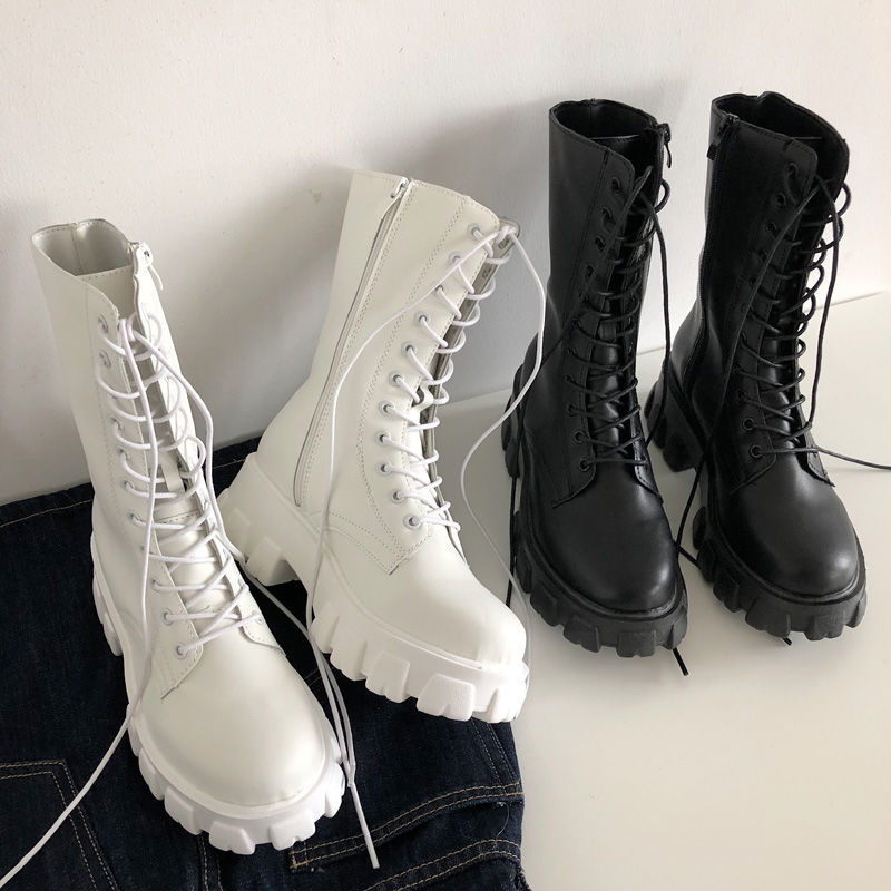 Women Mid Calf Boots Autumn Winter Boots Woman Fashion Lace-up Ladies Chelsea Zipper Botas Mujer Platform Heel Ladies Shoes | TageUnlimited