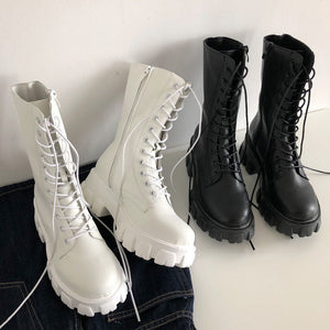 Women Mid Calf Boots Autumn Winter Boots Woman Fashion Lace-up Ladies Chelsea Zipper Botas Mujer Platform Heel Ladies Shoes | TageUnlimited