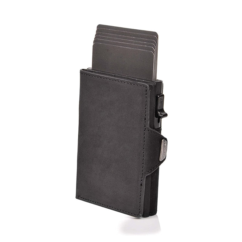 Vintage Crazy Horse Leather Men Wallets Luxury  RFID Protection Mini Metal Wallet  Zipper Coin Pocket  for Men and Women | TageUnlimited