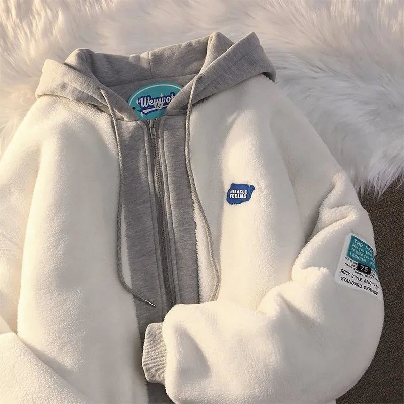 Winter Thick Warm Padded Women's Jackets Lambwool Patchwork Hoodies Solid Color Retro Loose Hooded Sweatshirt Sweater | TageUnlimited