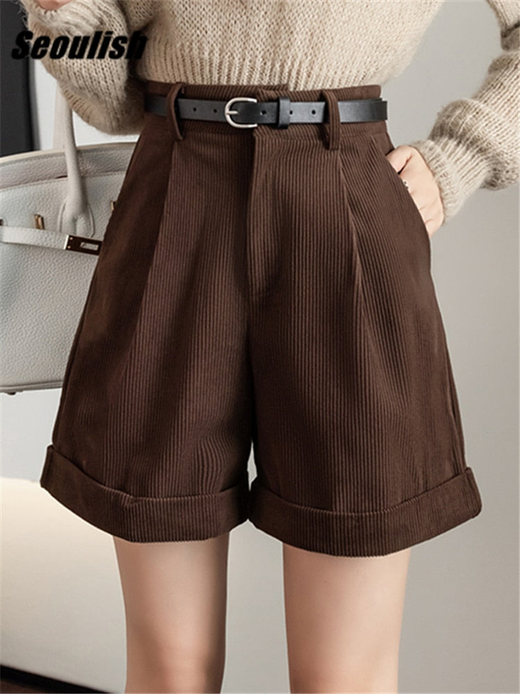 Seoulish New Corduroy Women Cargo Shorts with Belted Autumn Winter High Waist Wide Leg Shorts Vintage Female Trousers | TageUnlimited