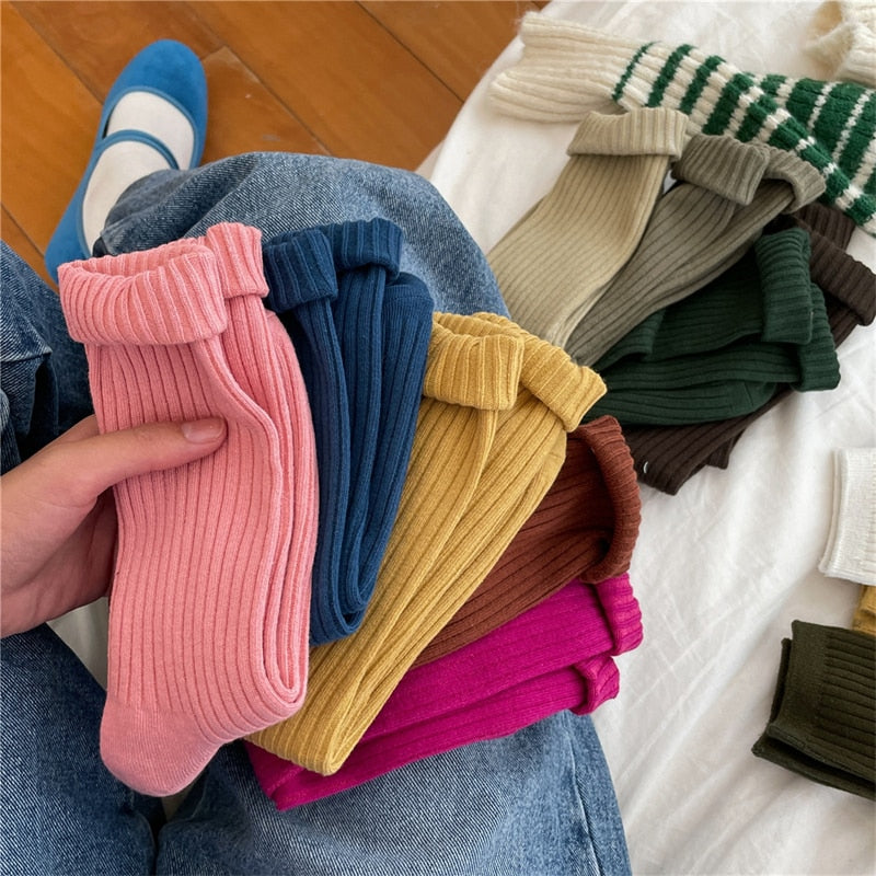 Women Socks Long Fashion Cotton Breathable Autumn Winter Solid Color Sports Socks Girls Casual Simple Retro Plain Comfortable | TageUnlimited