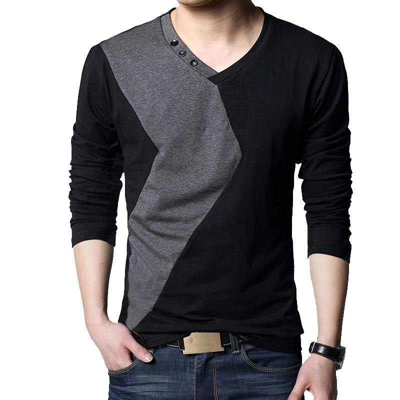 BROWON Brand Autumn Mens T Shirts Fashion  Streetwear Long Sleeve V Neck Color Patchwork Cotton T Shirt Men | TageUnlimited