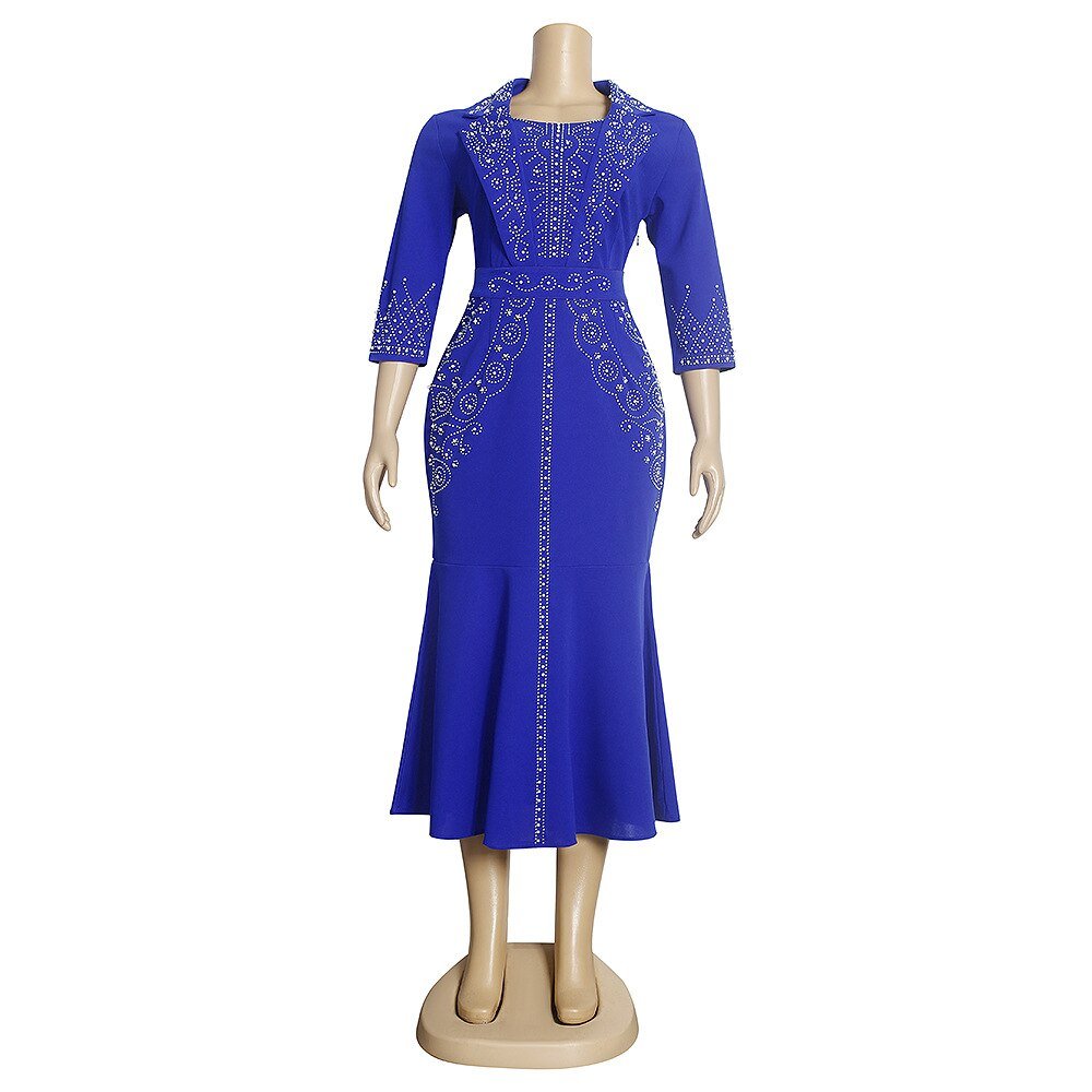 African Office Ladies Dresses for Women Round Neck Full Sleeve High Waisted Mermaid Bodycon Mid Calf Elegant Business Work Dress | 0 | TageUnlimited