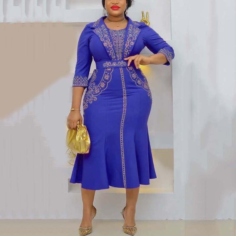 African Office Ladies Dresses for Women Round Neck Full Sleeve High Waisted Mermaid Bodycon Mid Calf Elegant Business Work Dress | 0 | TageUnlimited