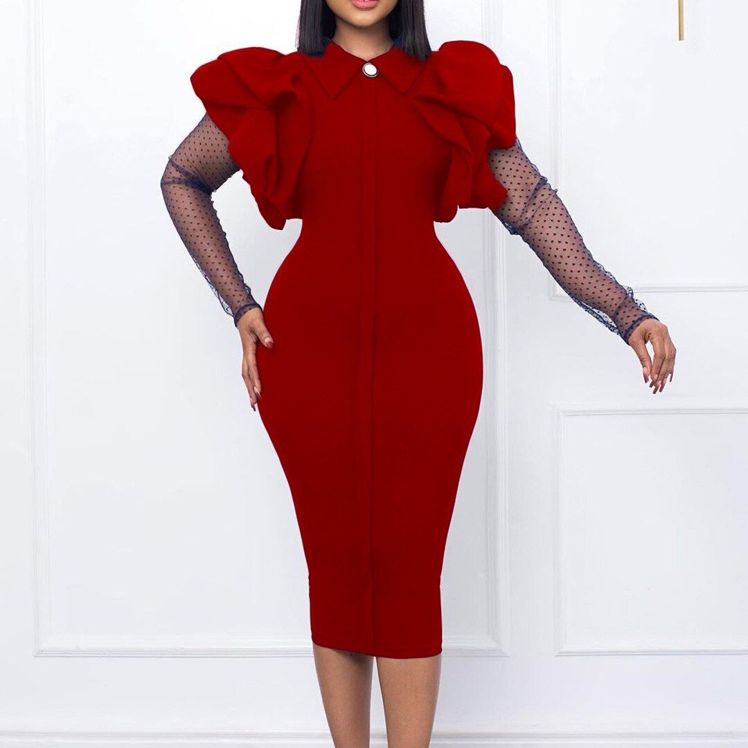 Autumn Winter New Dresses for Women Office Ladies Bodycon Solid Full Sleeve High Waisted Elegant Business Work Dress Midi Cloth | 0 | TageUnlimited