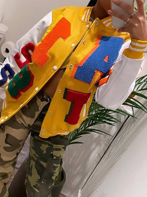 Baseball Contrasting Colors Letter Jackets Women Print Long Sleeve Button Up Sporty Jacket Tops Female Casual Sports Jackets | TageUnlimited