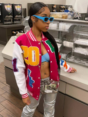 Baseball Contrasting Colors Letter Jackets Women Print Long Sleeve Button Up Sporty Jacket Tops Female Casual Sports Jackets | TageUnlimited