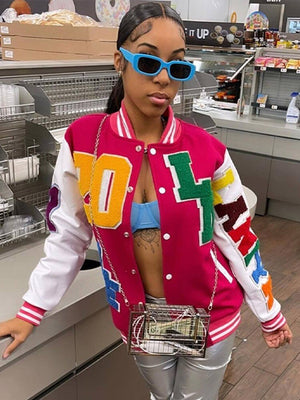 Baseball Contrasting Colors Letter Jackets Women Print Long Sleeve Button Up Sporty Jacket Tops Female Casual Sports Jackets | TageUnlimited