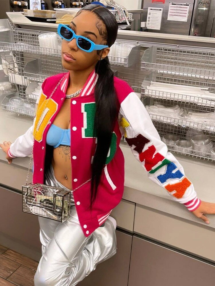 Baseball Contrasting Colors Letter Jackets Women Print Long Sleeve Button Up Sporty Jacket Tops Female Casual Sports Jackets | TageUnlimited