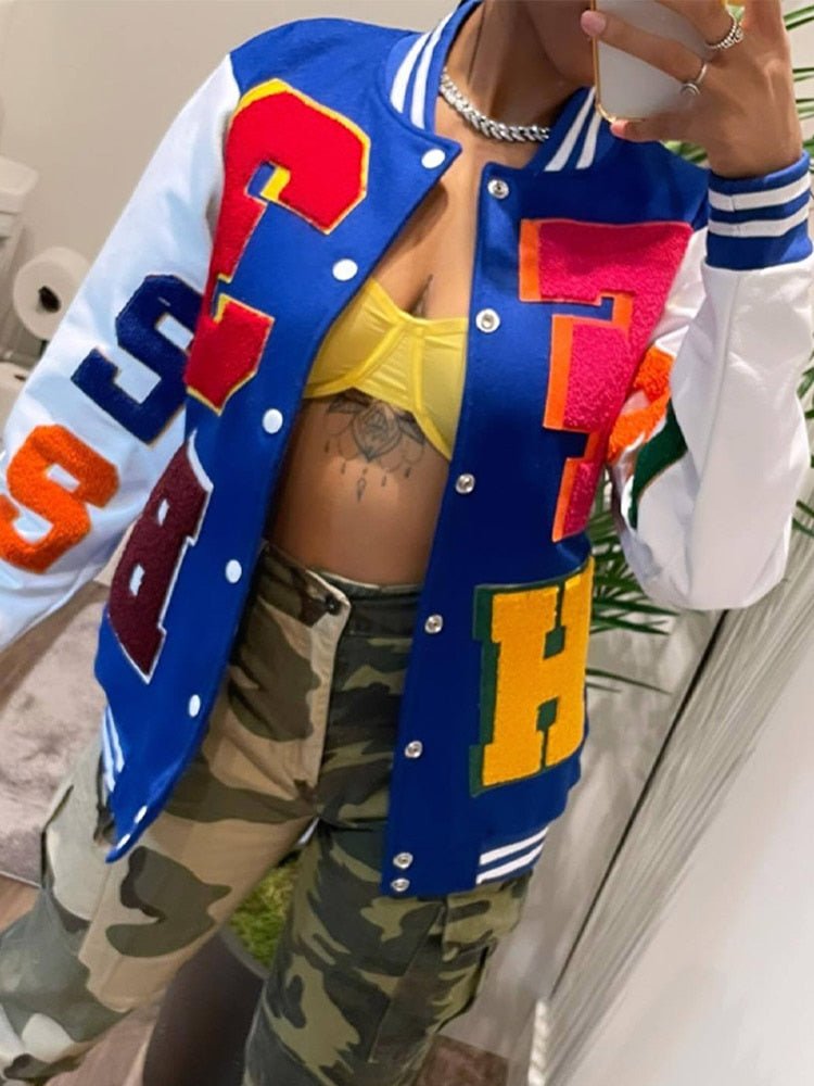 Baseball Contrasting Colors Letter Jackets Women Print Long Sleeve Button Up Sporty Jacket Tops Female Casual Sports Jackets | TageUnlimited