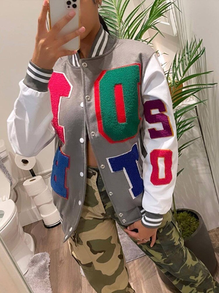 Baseball Contrasting Colors Letter Jackets Women Print Long Sleeve Button Up Sporty Jacket Tops Female Casual Sports Jackets | TageUnlimited