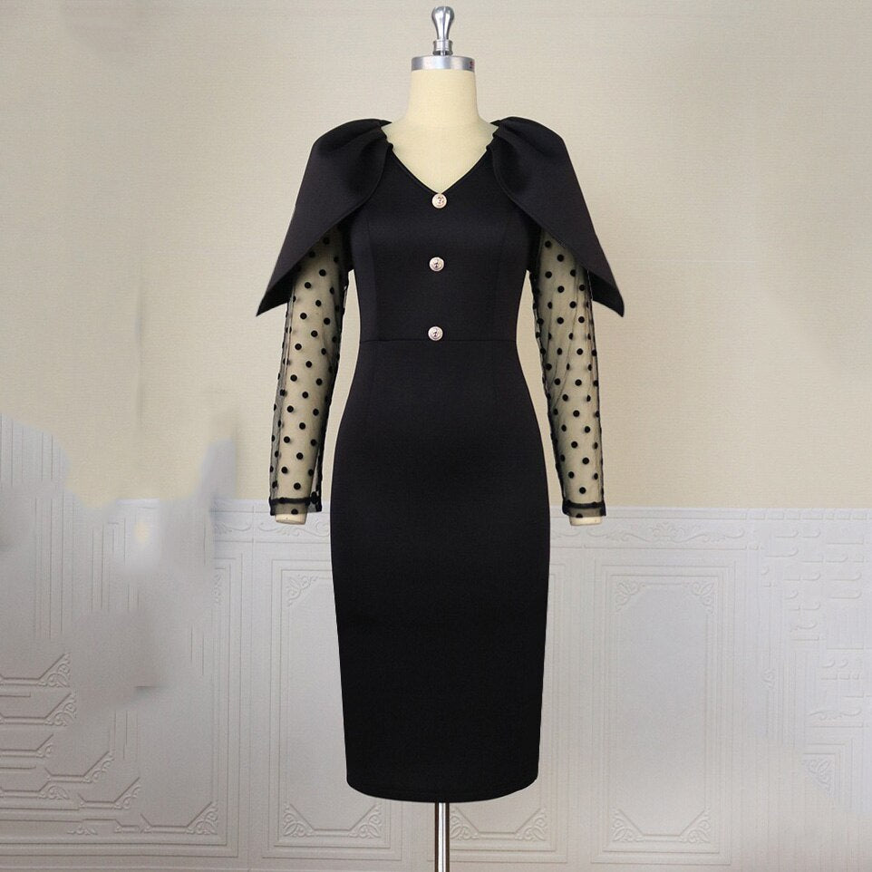 Black Dresses Elegant for Office Ladies V Neck Cloak Sleeve Bodycon High Waisted Mid Calf Fashion Formal Business Work Dress Hot | 0 | TageUnlimited