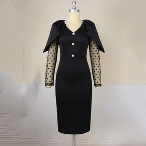 Black Dresses Elegant for Office Ladies V Neck Cloak Sleeve Bodycon High Waisted Mid Calf Fashion Formal Business Work Dress Hot | 0 | TageUnlimited