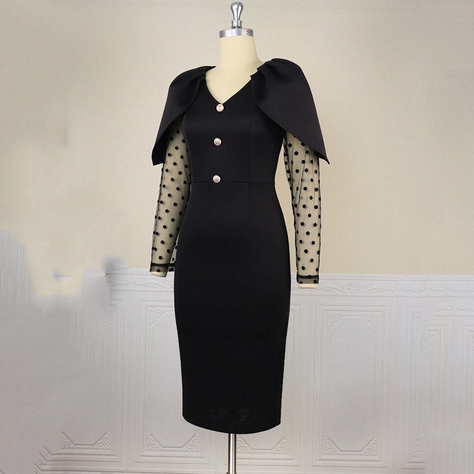 Black Dresses Elegant for Office Ladies V Neck Cloak Sleeve Bodycon High Waisted Mid Calf Fashion Formal Business Work Dress Hot | 0 | TageUnlimited