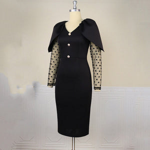 Black Dresses Elegant for Office Ladies V Neck Cloak Sleeve Bodycon High Waisted Mid Calf Fashion Formal Business Work Dress Hot | 0 | TageUnlimited