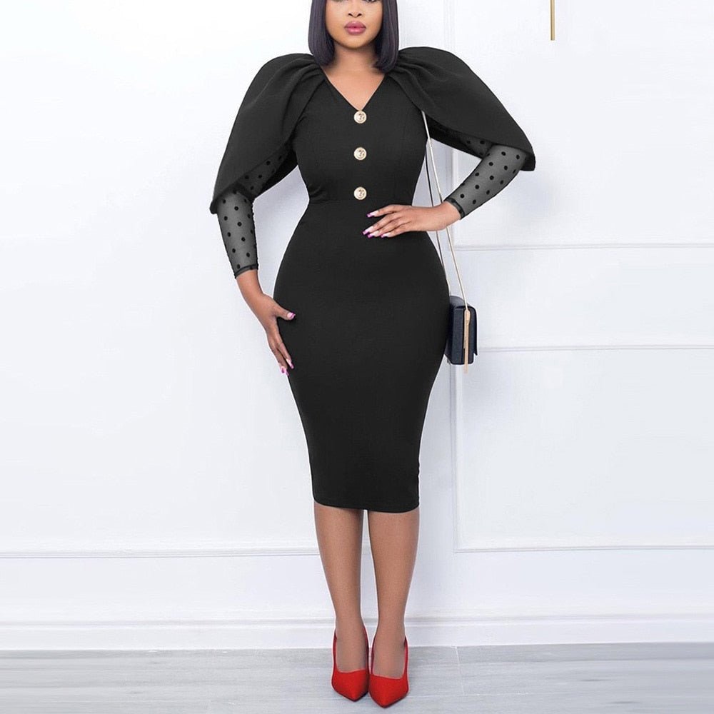 Black Dresses Elegant for Office Ladies V Neck Cloak Sleeve Bodycon High Waisted Mid Calf Fashion Formal Business Work Dress Hot | 0 | TageUnlimited