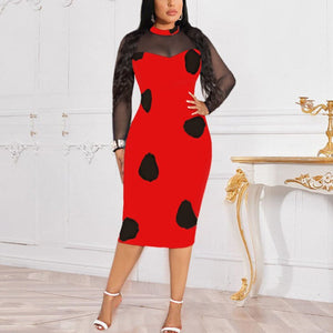Bodycon Dresses for Women Round Neck Full Sleeve Polka Dot Printed Mid Calf Elegant Formal Business Office Ladies Vestidos Mujer | 0 | TageUnlimited